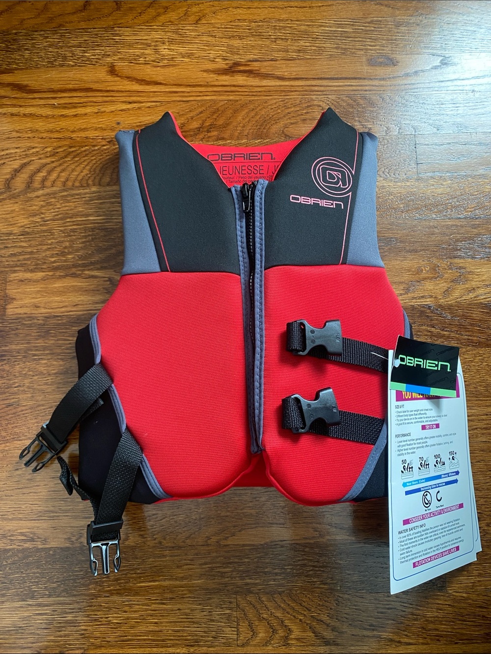NWT Obrien Kids Neoprene Life Jacket Red and Black Size 55-88 lbs